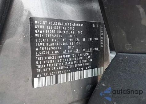 2015 Volkswagen Tiguan S from USA, damaged, VIN WVGAV7AX1FW561352